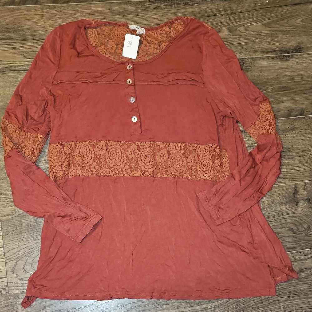 POL Rust Lace Accent Blouse Small Top Shirt Bohemian Flare Long Sleeve